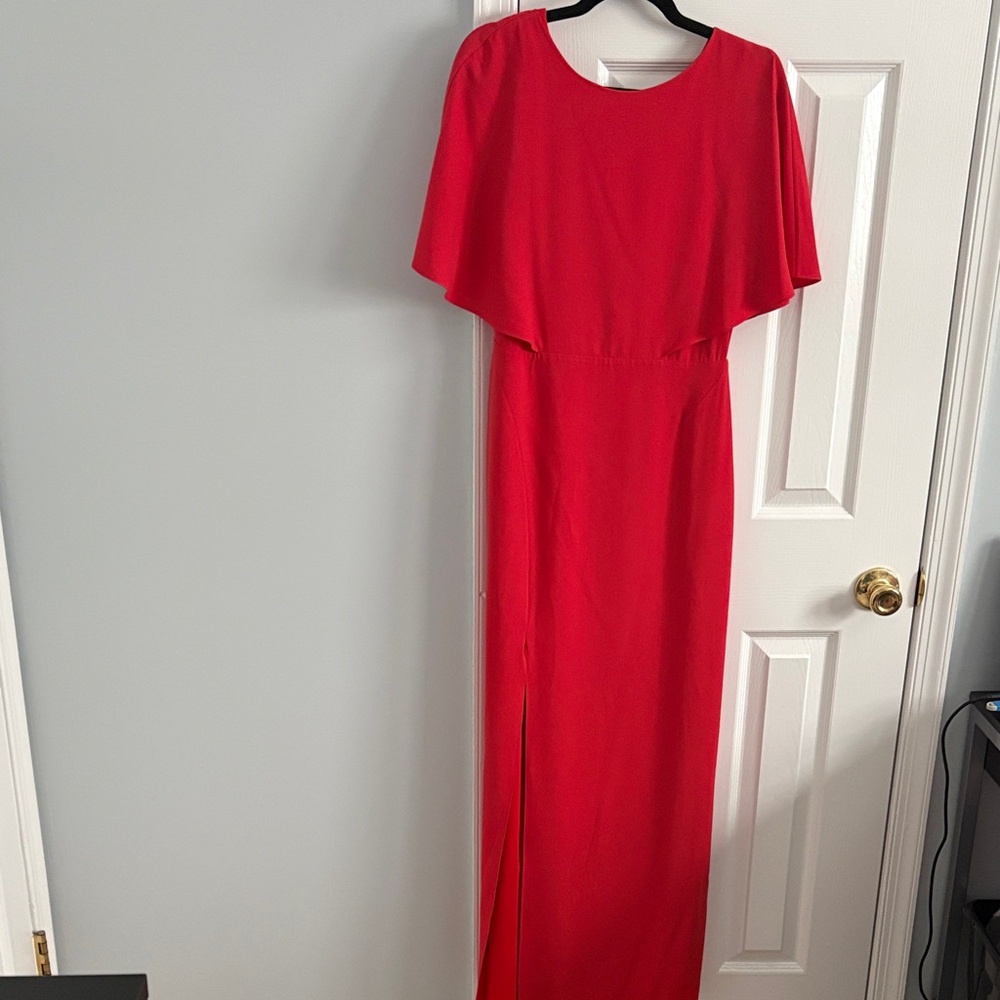 H by Halston Red Orange Maxi Dress Cutout Back Flutter Cape Sleeves Size 4